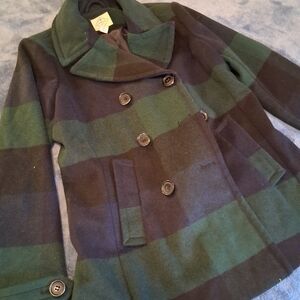 Green and Black Vintage St. Johns Bay Plaid Peacoat